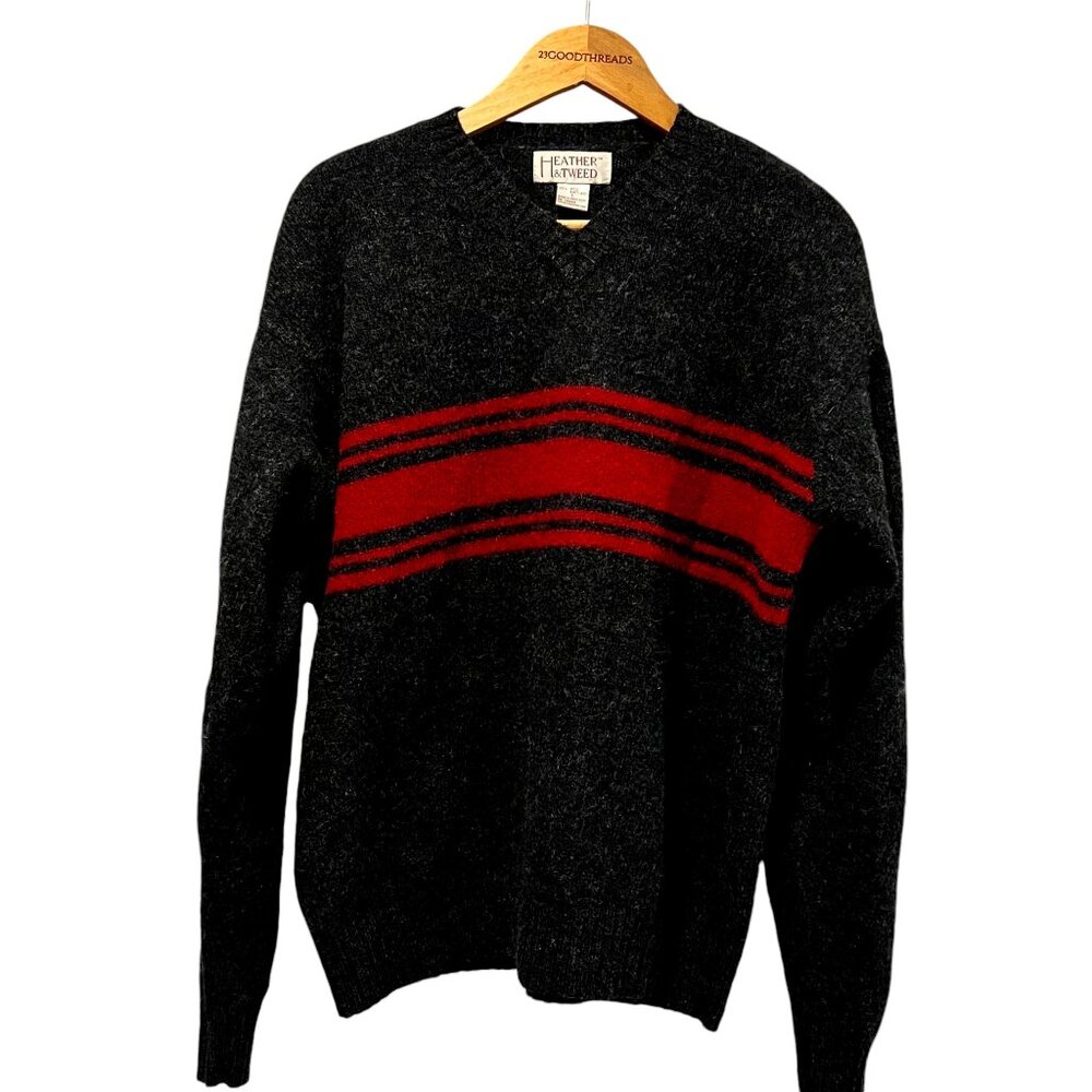 Heather & Tweed Mens V-neck Wool Pullover Sweater, Gray Red, L